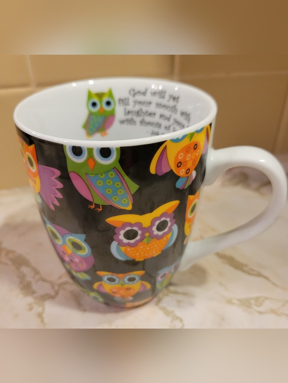 Divinity Ceramic Owl Coffee Mug - Black with Multicolor Owls